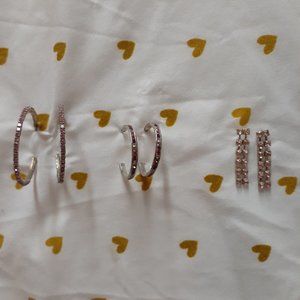 Silver and Pink Rhinestone Earrings Set of 3